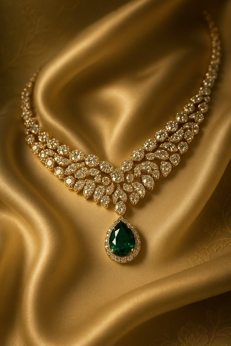 Diamond and emerald necklace displayed on gold fabric